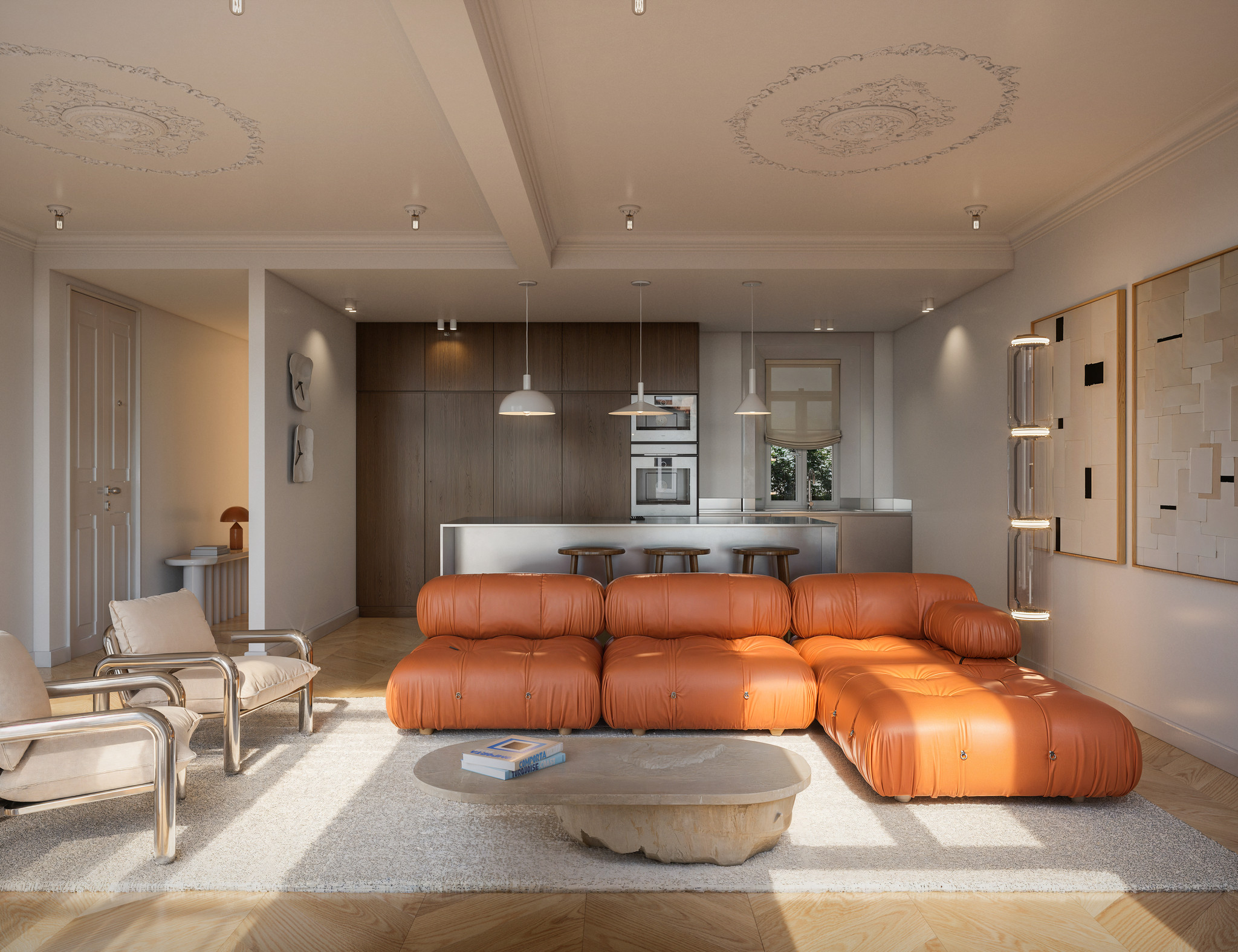 Bombarda, a renovated apartment near Saldanha in the Avenidas Novas, Lisbon: living room and kitchen