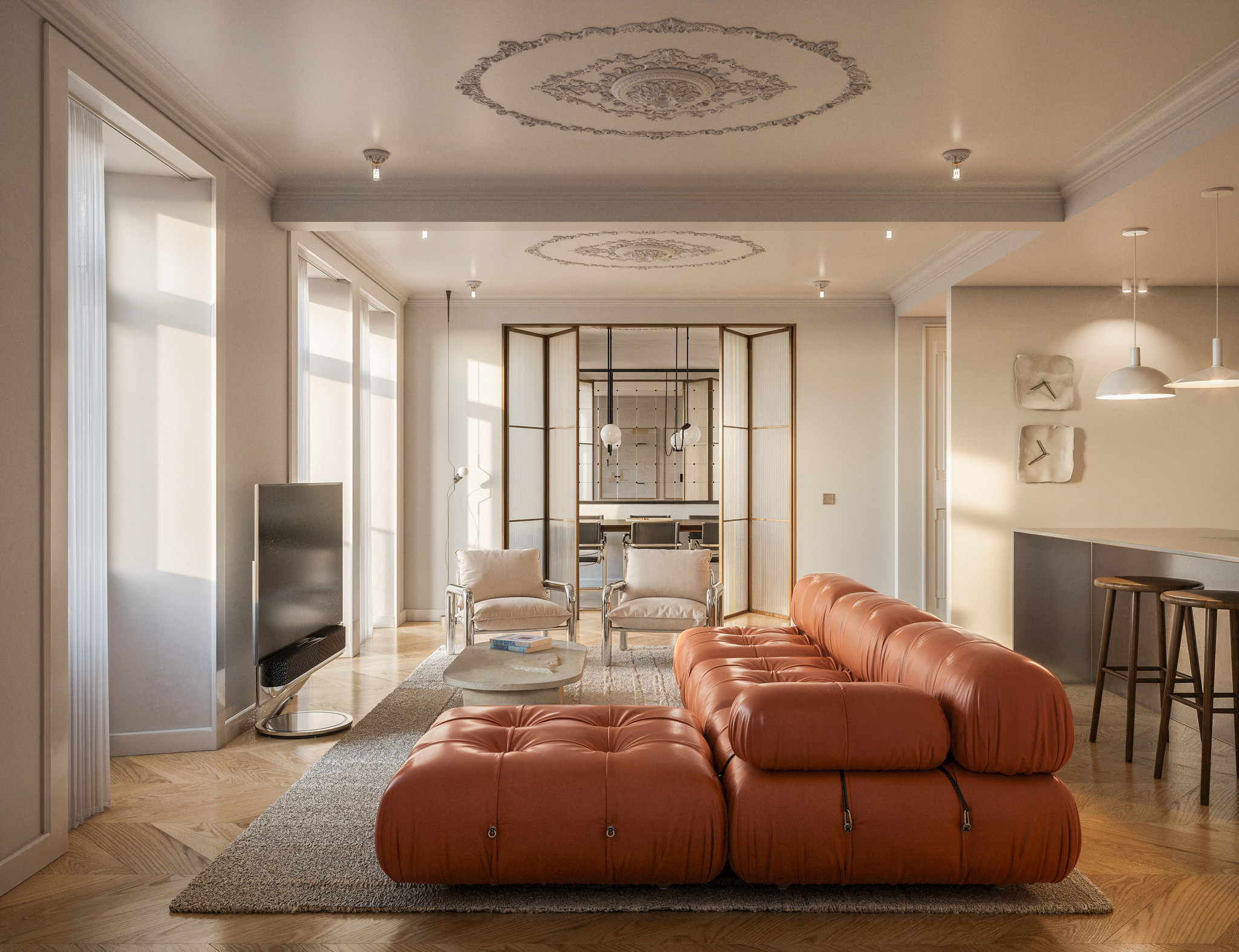 Living room of Bombarda, a renovated T4 on Avenida Miguel Bombarda near Saldanha, with ceiling roses, oak chevron floor and tall windows