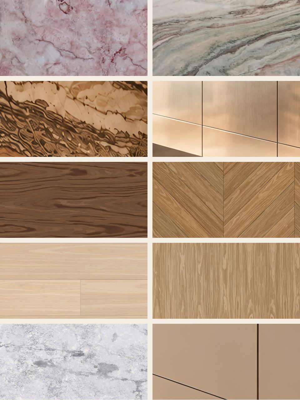 Sete Pedras materials board of wood, stone and metal samples