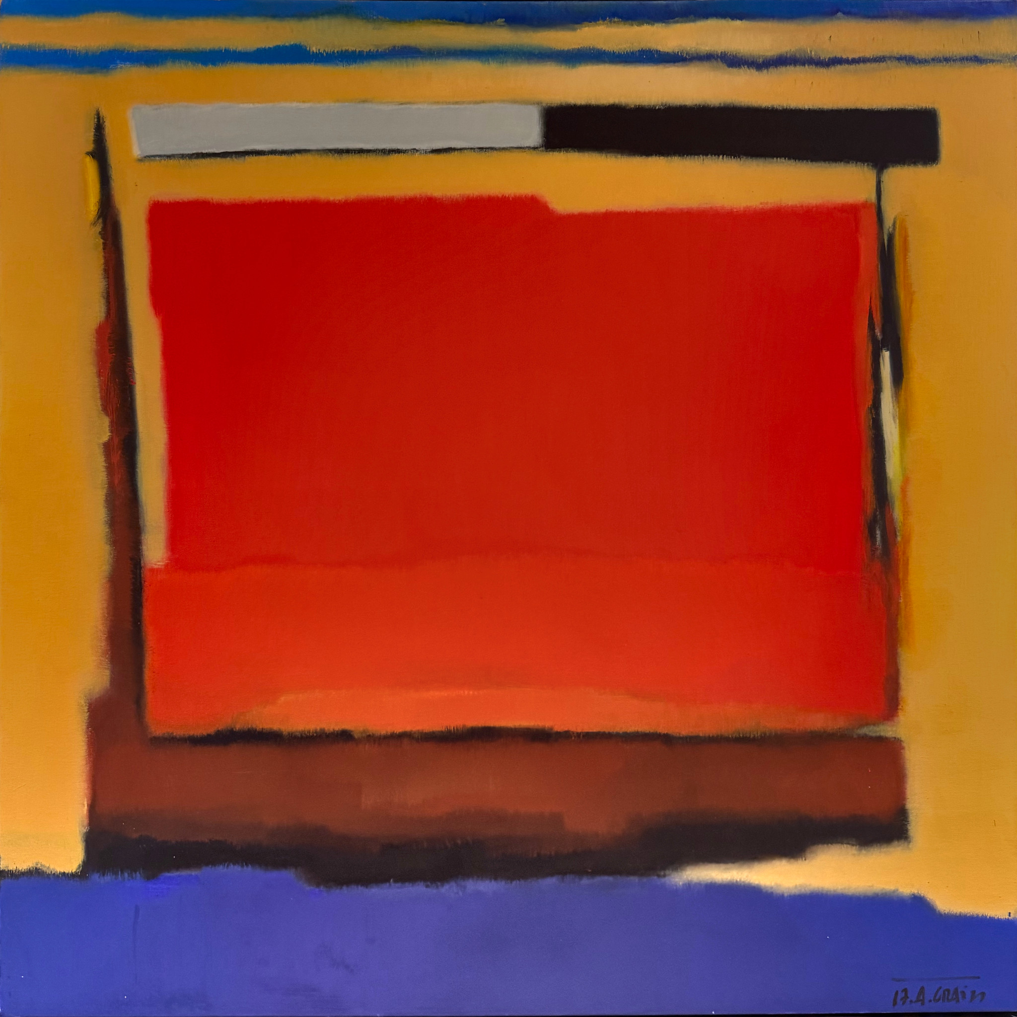 Audrius Gražys, abstract painting: a red field framed by dark verticals on an ochre ground, between bands of blue