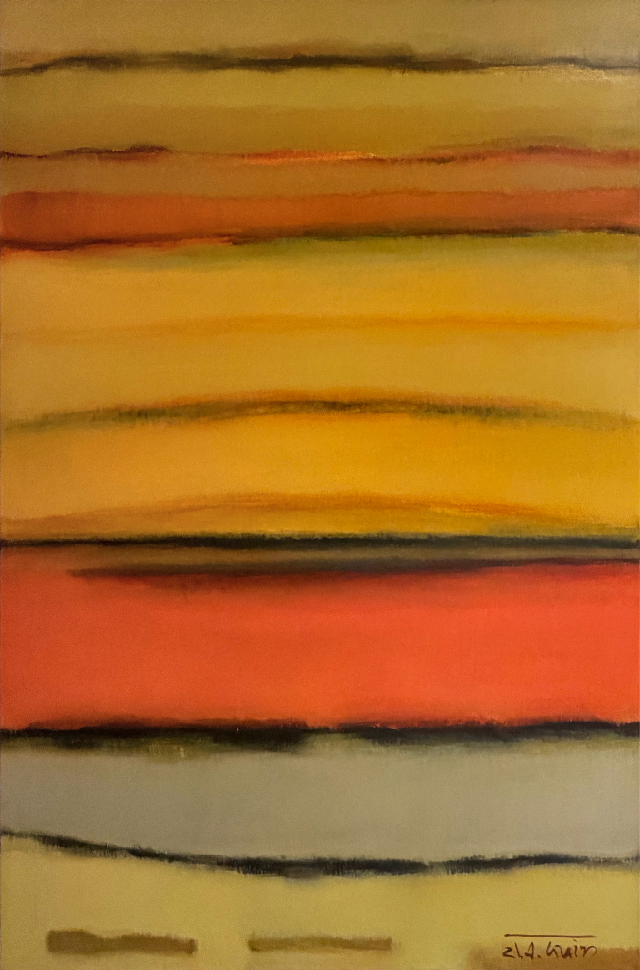 Audrius Gražys, abstract painting of loose horizontal bands in yellow, orange and grey