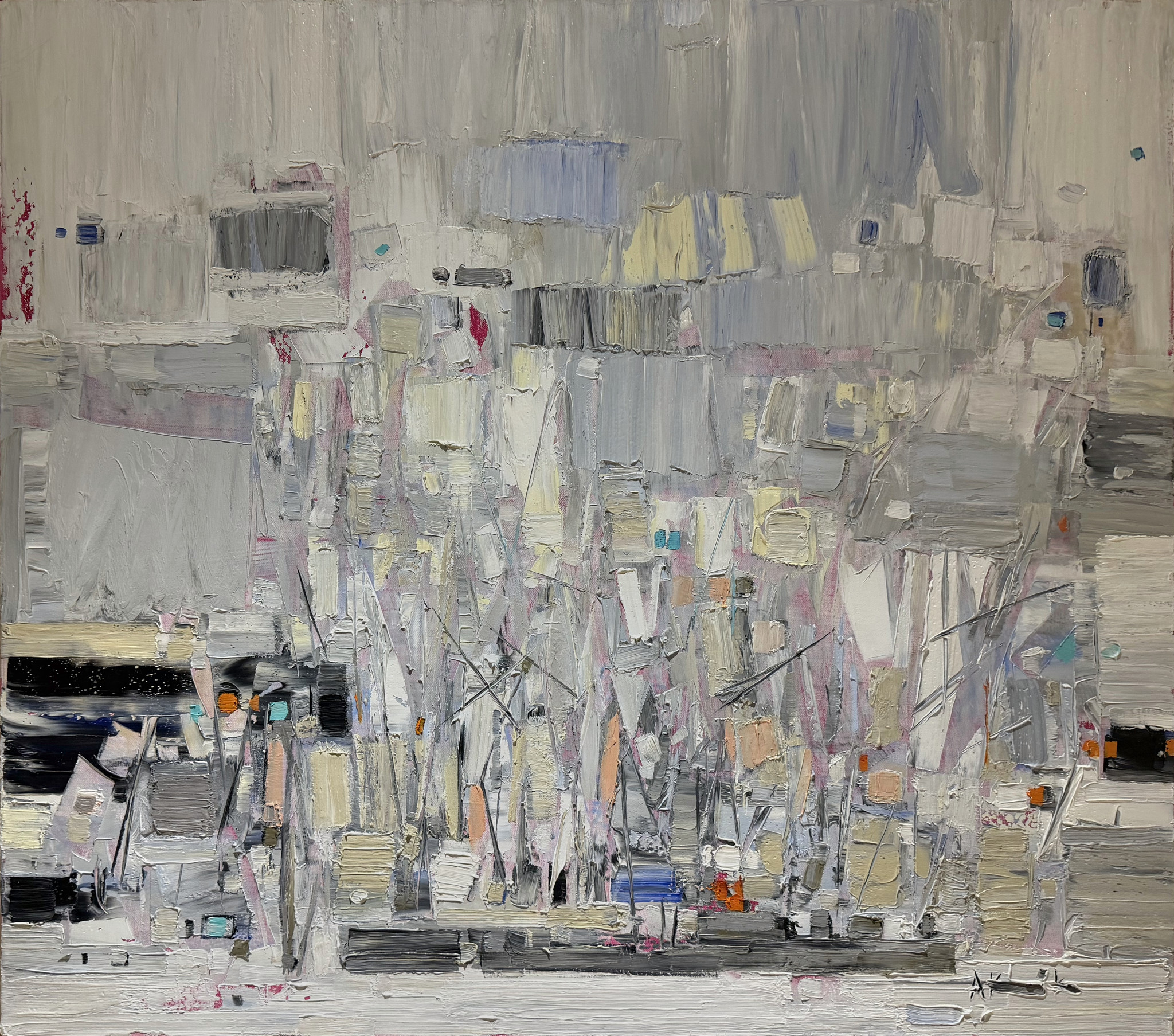 Arvydas Kašauskas, abstract impasto painting of white and grey blocks and scratched lines
