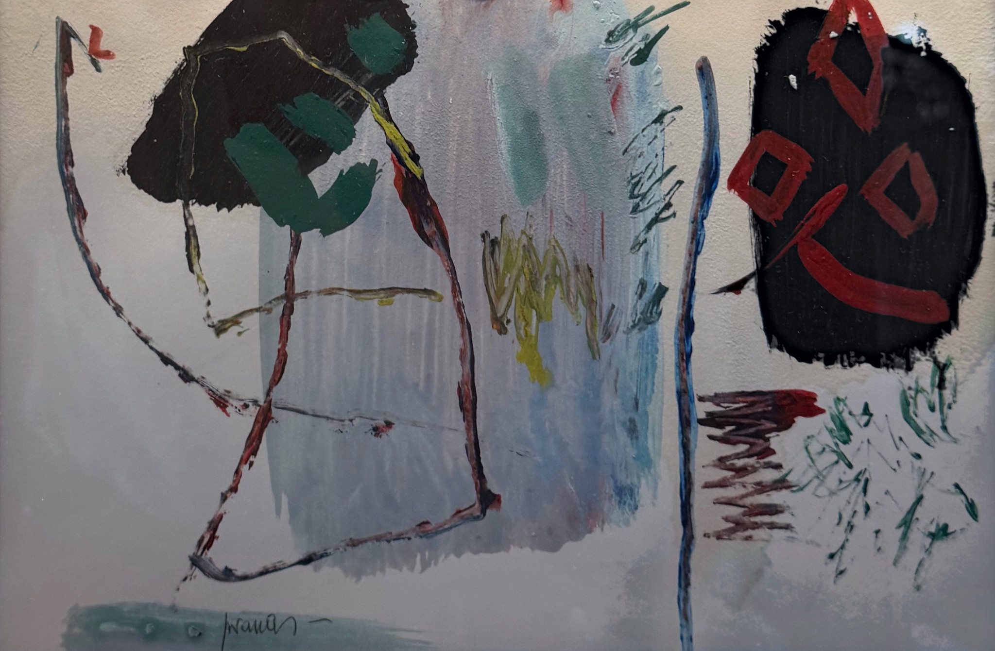 Pranas Gailius, abstract work of black, green and red forms and calligraphic marks on a pale ground