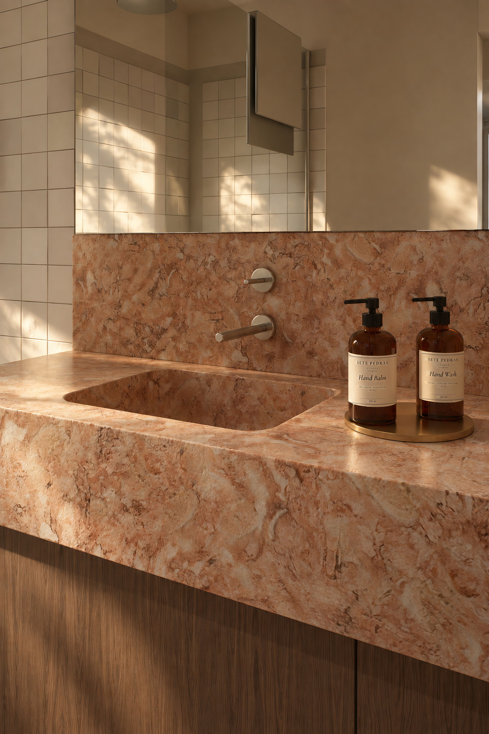 Pedra Friso, Unit 1 · Chiado · Ensuite: integrated basin carved in Rosa Lioz stone