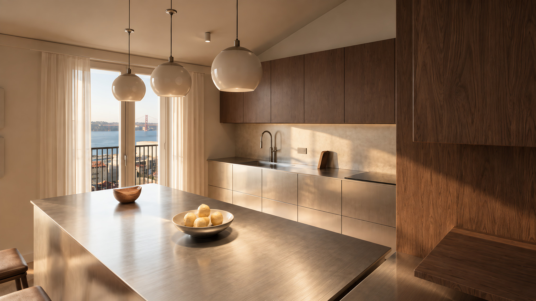 Pedra Friso, Unit 1 · Chiado: kitchen island in walnut and stainless steel, towards the Tagus