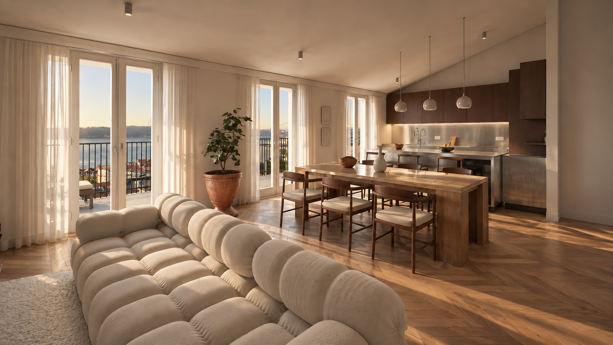 Pedra Friso, Unit 1 · Chiado · Living room and kitchen