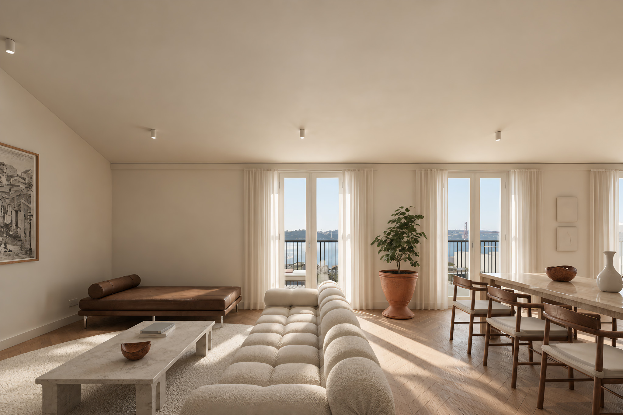 Pedra Friso, Lisbon: penthouse living room towards the Tagus